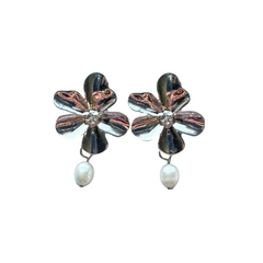 Silver Flower Freshwater Pearl Earrings