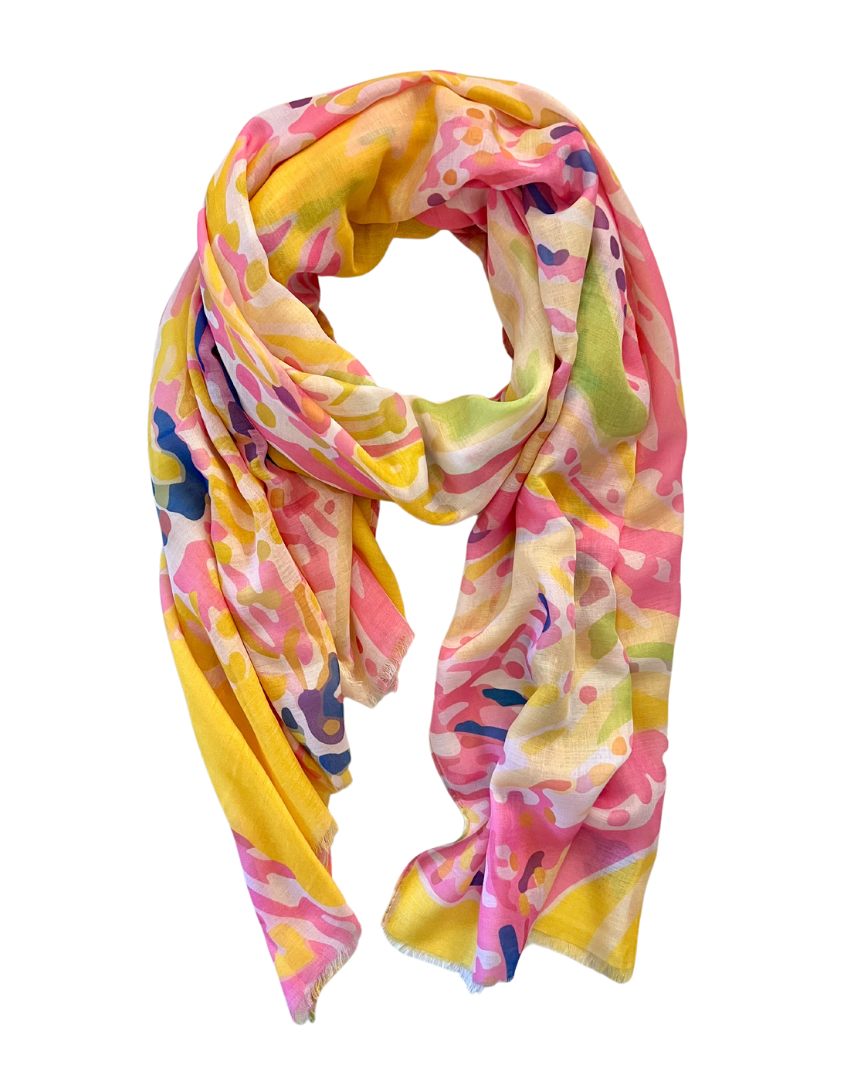 Elevate your style this season with our coral inspired abstract lightweight scarf. Perfect to wear all year round and with a white tee or shirt! It boasts stunning yellow, blues and pinks hues. Don't miss this season's must-have accessory!