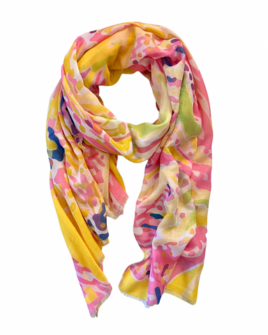 Elevate your style this season with our coral inspired abstract lightweight scarf. Perfect to wear all year round and with a white tee or shirt! It boasts stunning yellow, blues and pinks hues. Don't miss this season's must-have accessory!