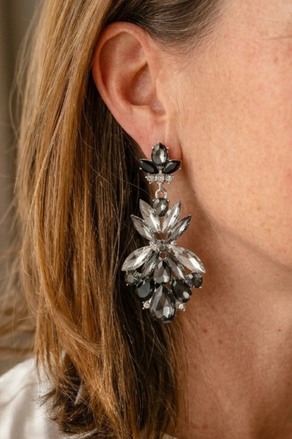 Ariel smoky grey and black multi-cut crystal chandelier drop earrings with silver-plated posts, 3.5x6.5cm, formal occasion jewelry