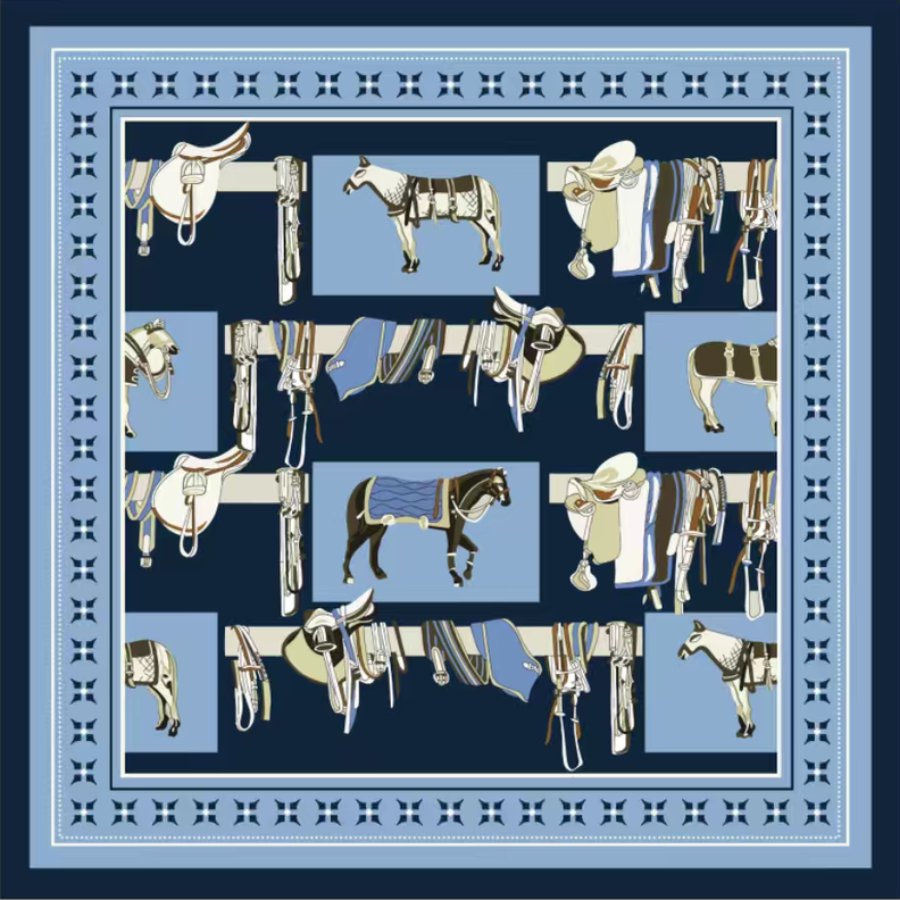 Navy and powder blue equestrian horse and tack print silk neck scarf on navy background