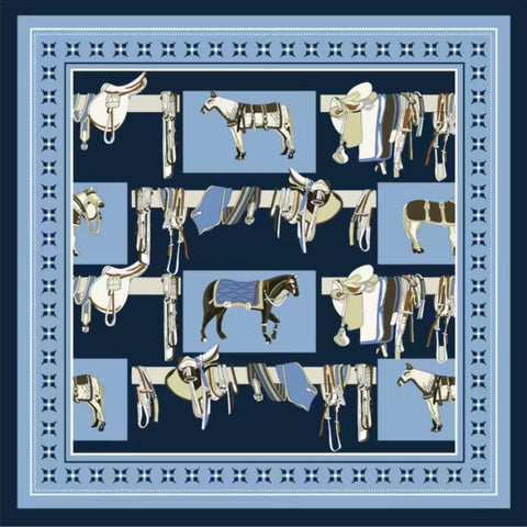 Navy and powder blue equestrian horse and tack print silk neck scarf on navy background