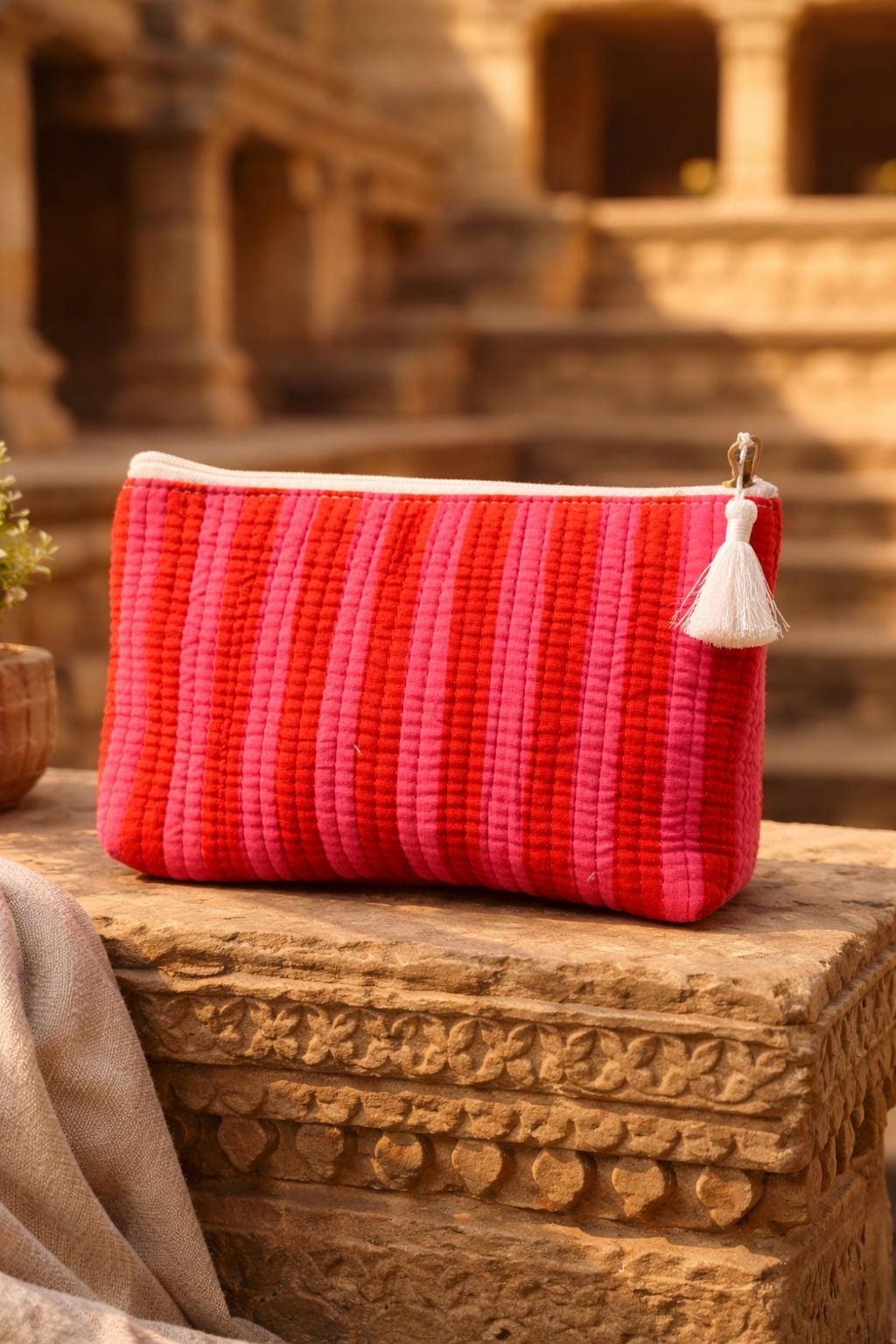 Pink & Red Stripe Pouch – Cotton Travel & Makeup Bag