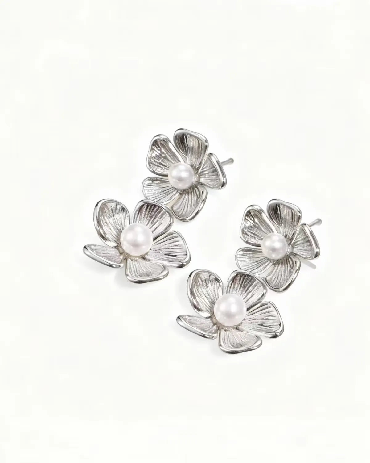Layla Double Silver Flower Dangle Stud Earring