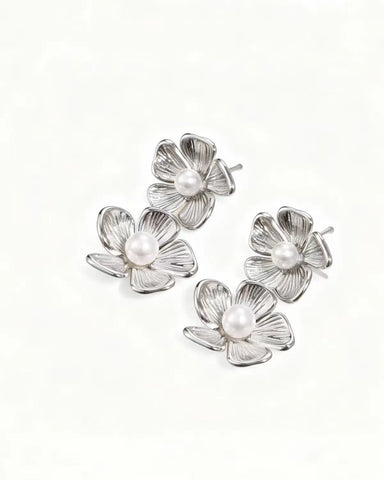 Layla Double Silver Flower Dangle Stud Earring