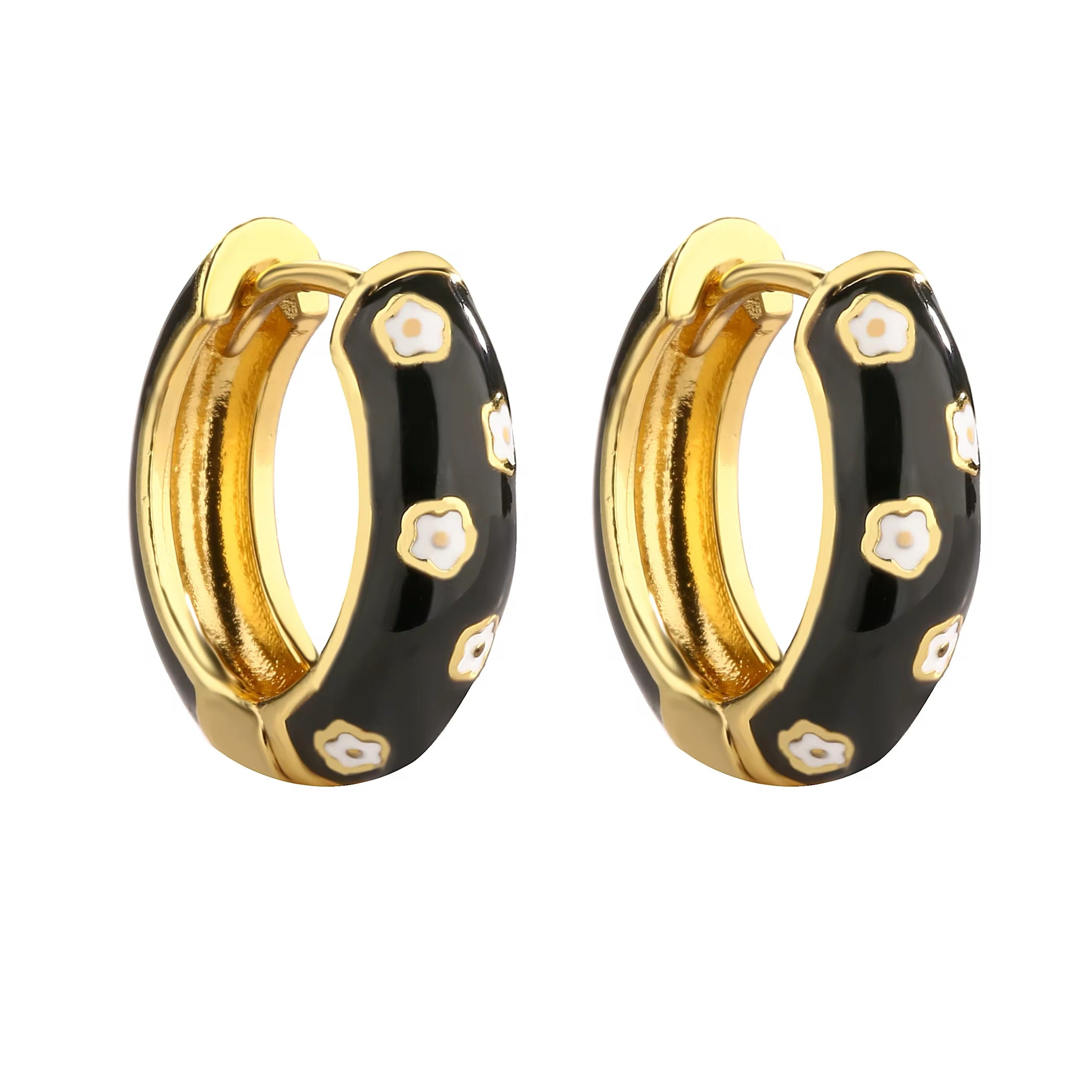 Jane black enamel chunky hoop earrings with white flower detail and gold trim by Greenwood Designs, shown on white background