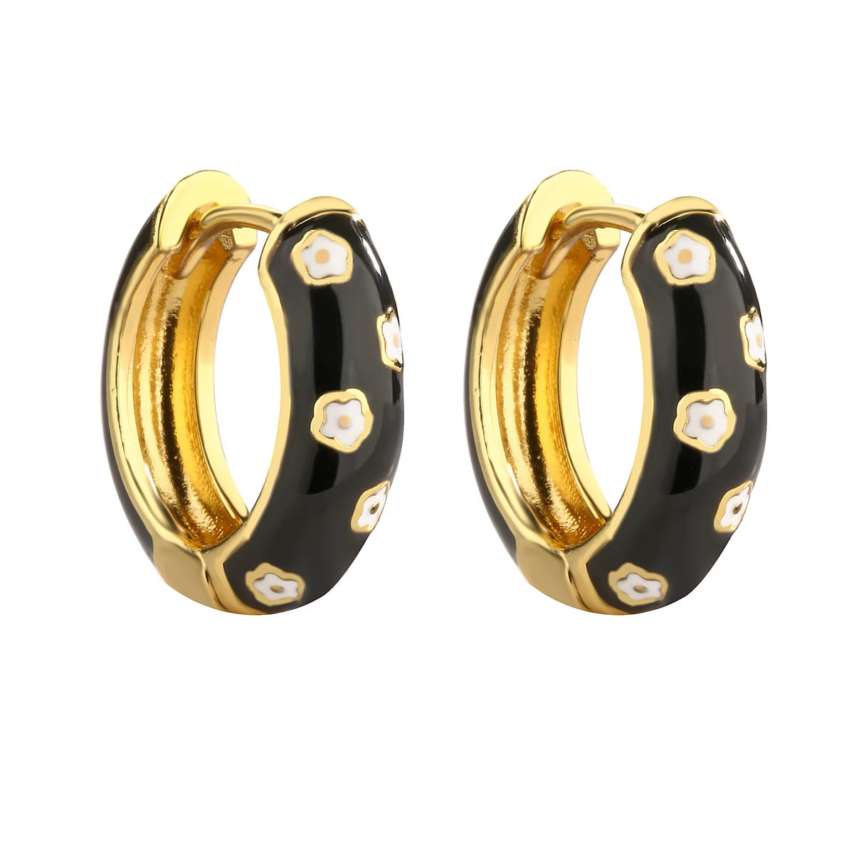 Jane black enamel chunky hoop earrings with white flower detail and gold trim by Greenwood Designs, shown on white background