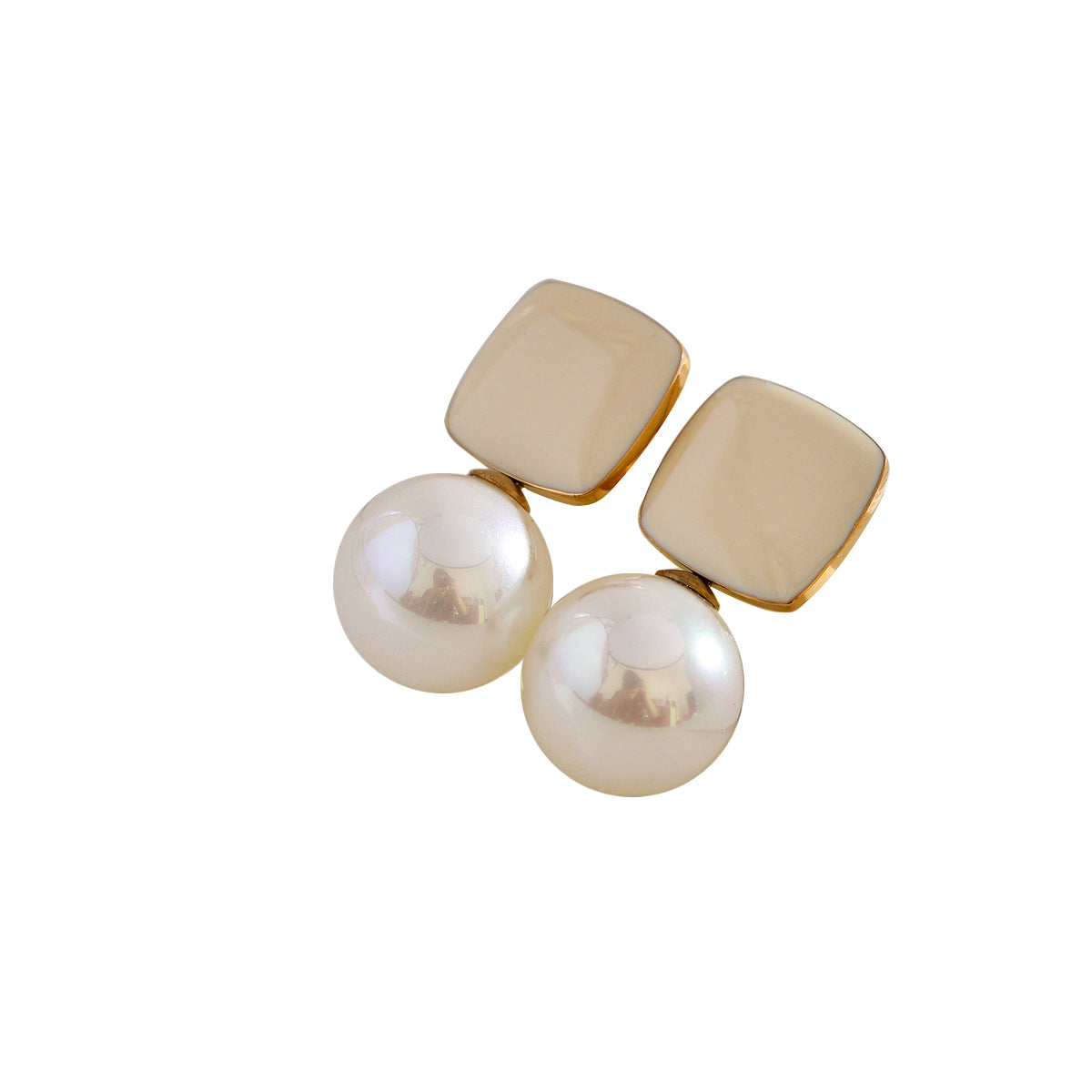 Felicity cream enamel square stud earrings with faux pearl drop by Greenwood Designs, shown on white background