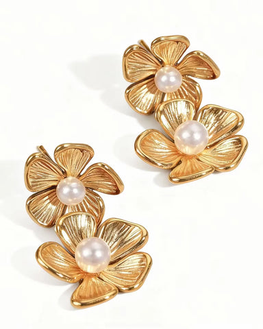 Layla Double Gold Flower Dangle Stud Earring