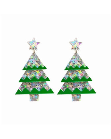 Resin Christmas Tree Christmas Earring in Green & Silver