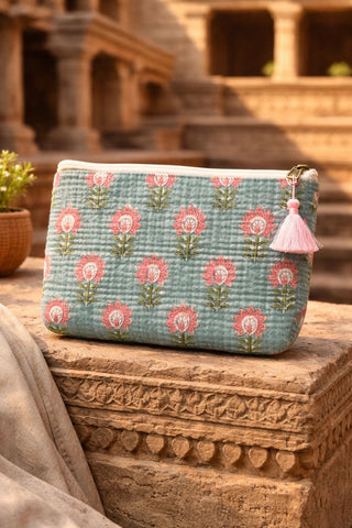 Aqua Botanical Pouch – Cotton Travel & Makeup Bag