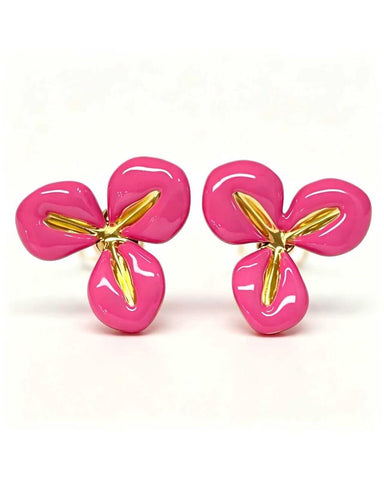 Gold stud earrings with a hot pink enamel three-petal flower design