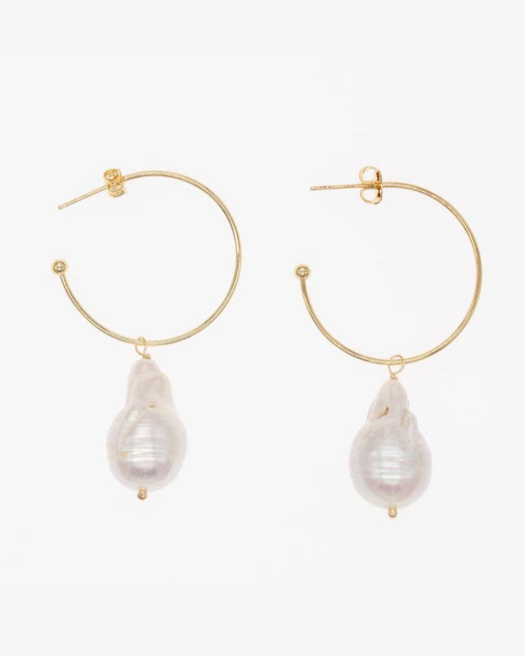Prue freshwater baroque pearl and 18k gold plated hoop drop earrings by Greenwood Designs, shown on neutral background