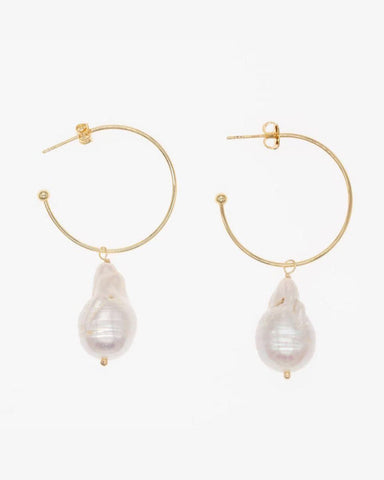 Prue freshwater baroque pearl and 18k gold plated hoop drop earrings by Greenwood Designs, shown on neutral background