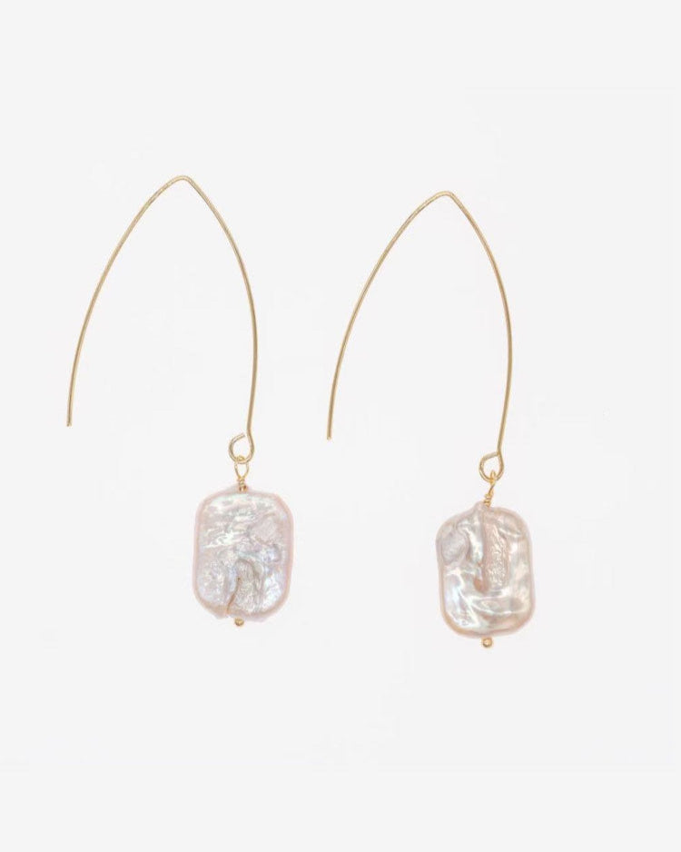 Maddie freshwater rectangular baroque pearl and 18k gold plated shepherd's hook drop earrings by Greenwood Designs, shown on neutral background