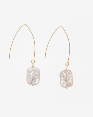 Maddie freshwater rectangular baroque pearl and 18k gold plated shepherd's hook drop earrings by Greenwood Designs, shown on neutral background