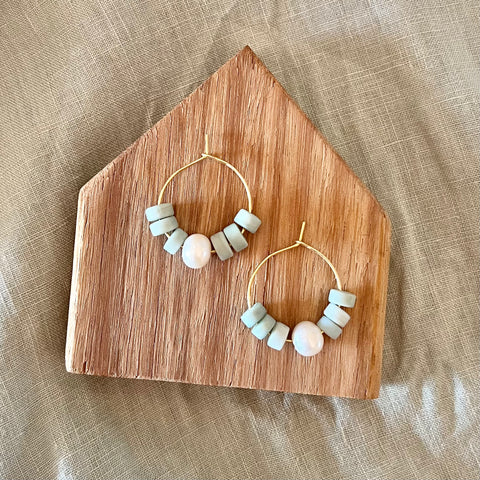 Pippa (gold plated sterling silver freshwater pearl hoop & recycled glass) Earrings