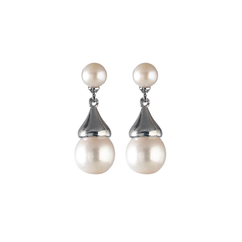 Freshwater pearl drop earrings in sterling silver flower bud setting on white background