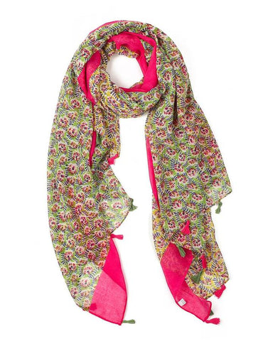 Ivy green and pink floral lightweight scarf with hot pink tasselled edge