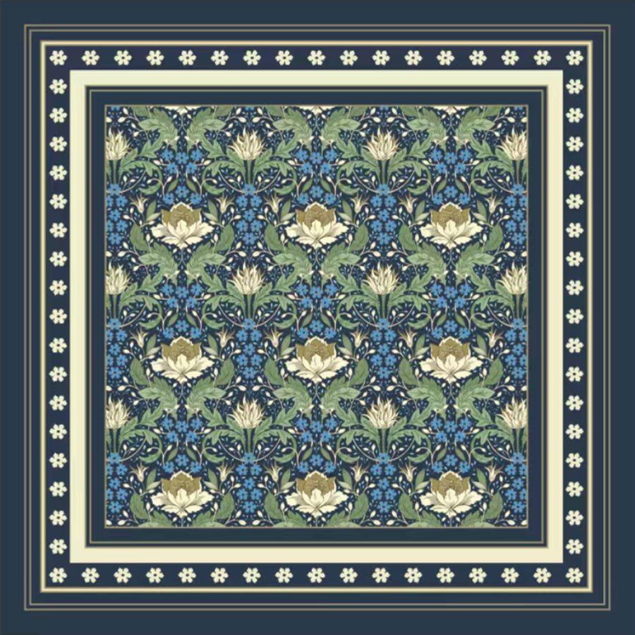 Sage green and cream floral damask silk neck scarf on navy background