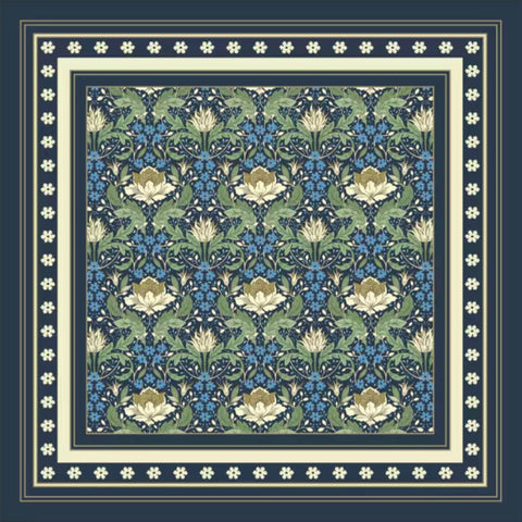 Sage green and cream floral damask silk neck scarf on navy background