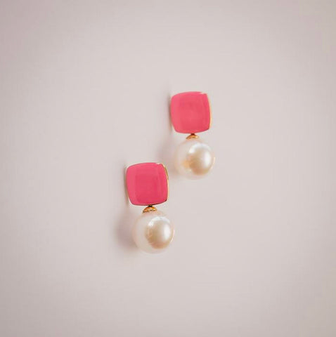 Felicity light pink enamel square stud earrings with faux pearl drop by Greenwood Designs, shown on neutral background