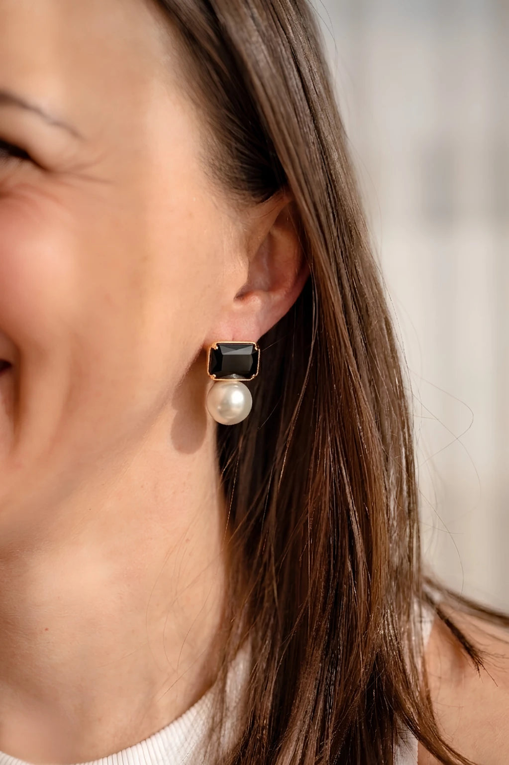 Maggie Black Rectangular Crystal with Faux Pearl Statement Dangle Earrings with gold plated hook and setting, 3.5x1.8cm, available in 8 colour