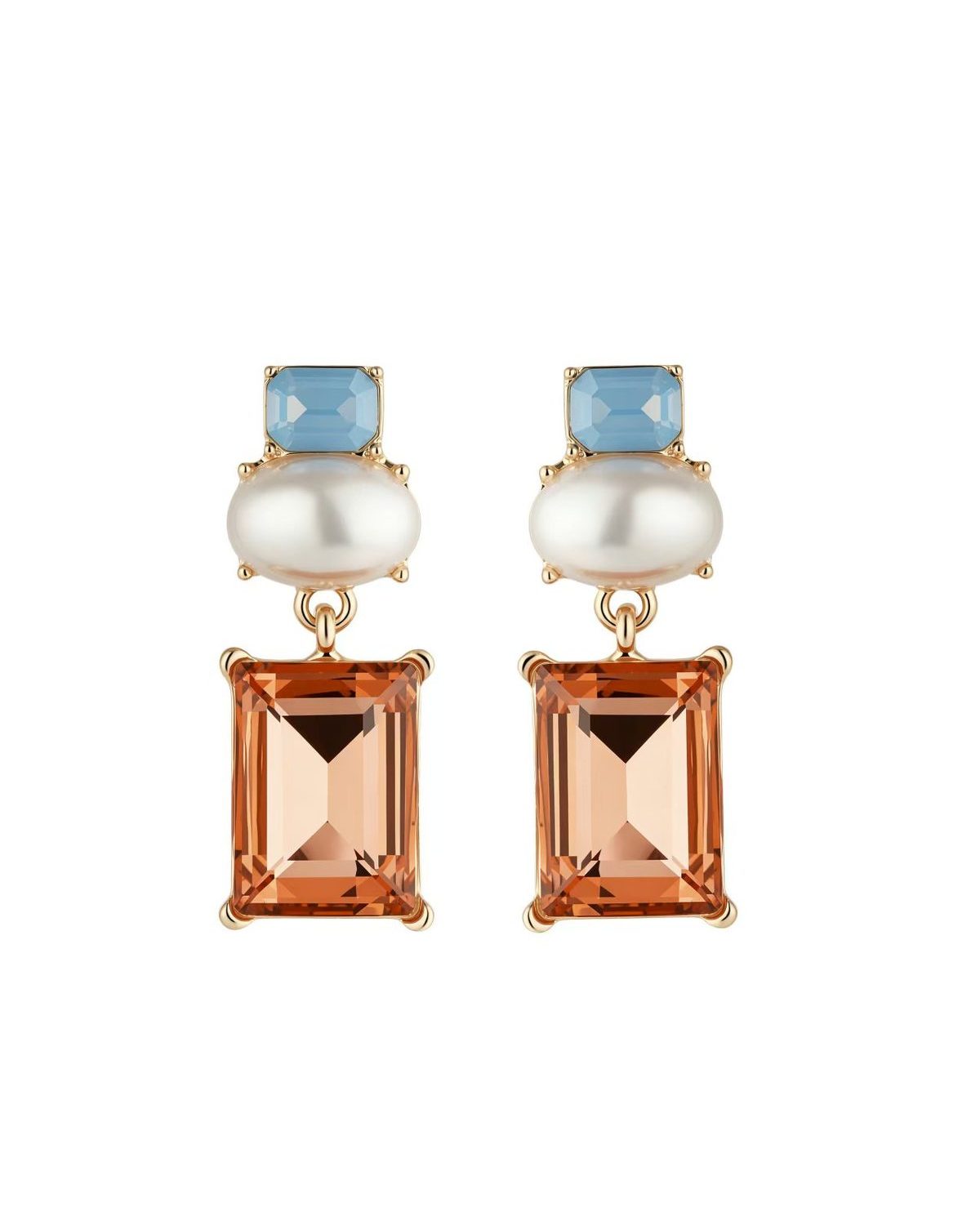 Gold drop earrings with a blue crystal stud, white pearl, and rectangular peach crystal drop