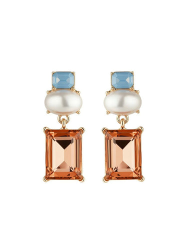 Gold drop earrings with a blue crystal stud, white pearl, and rectangular peach crystal drop