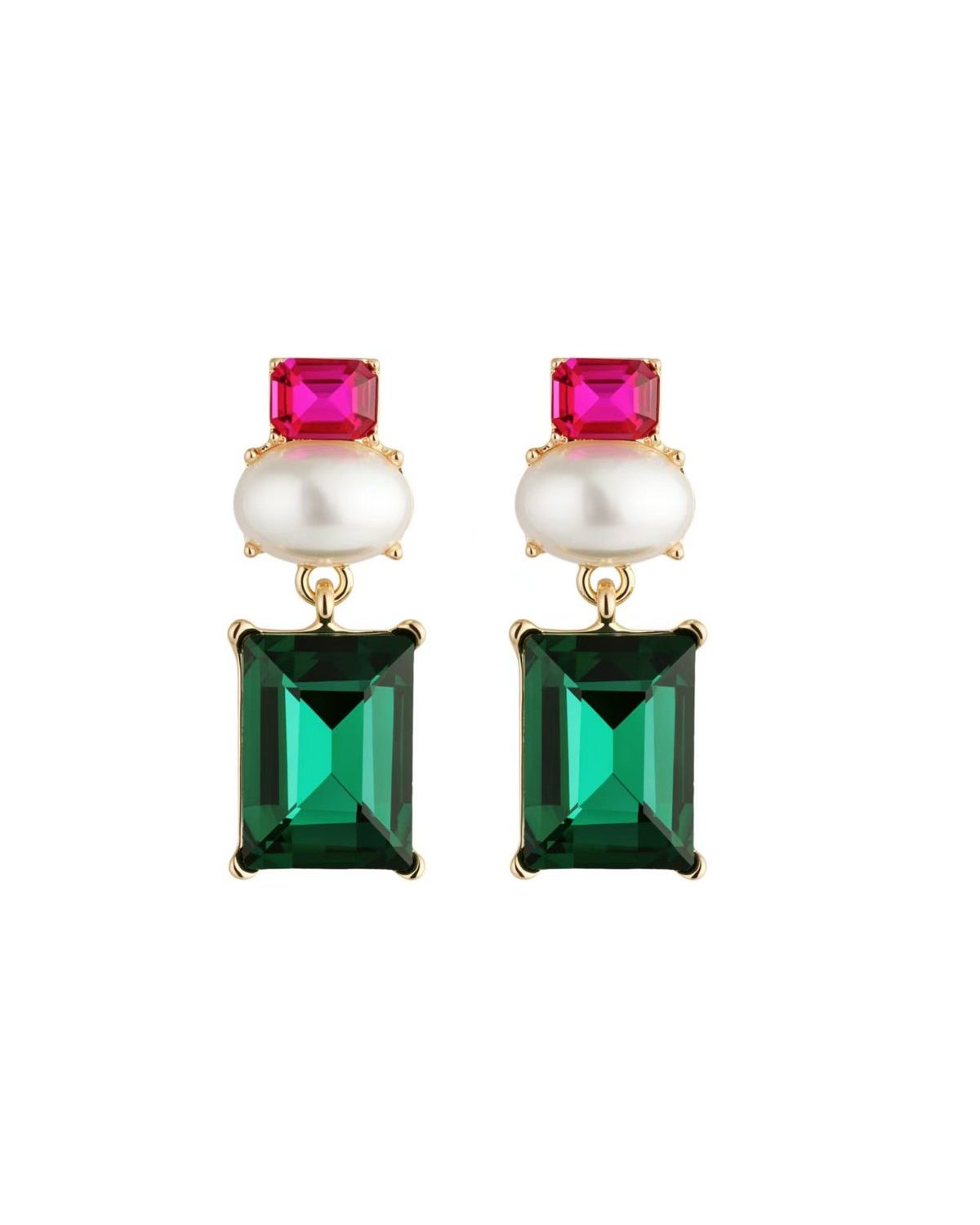 Gold drop earrings with a fuchsia crystal stud, white pearl, and rectangular emerald green crystal drop