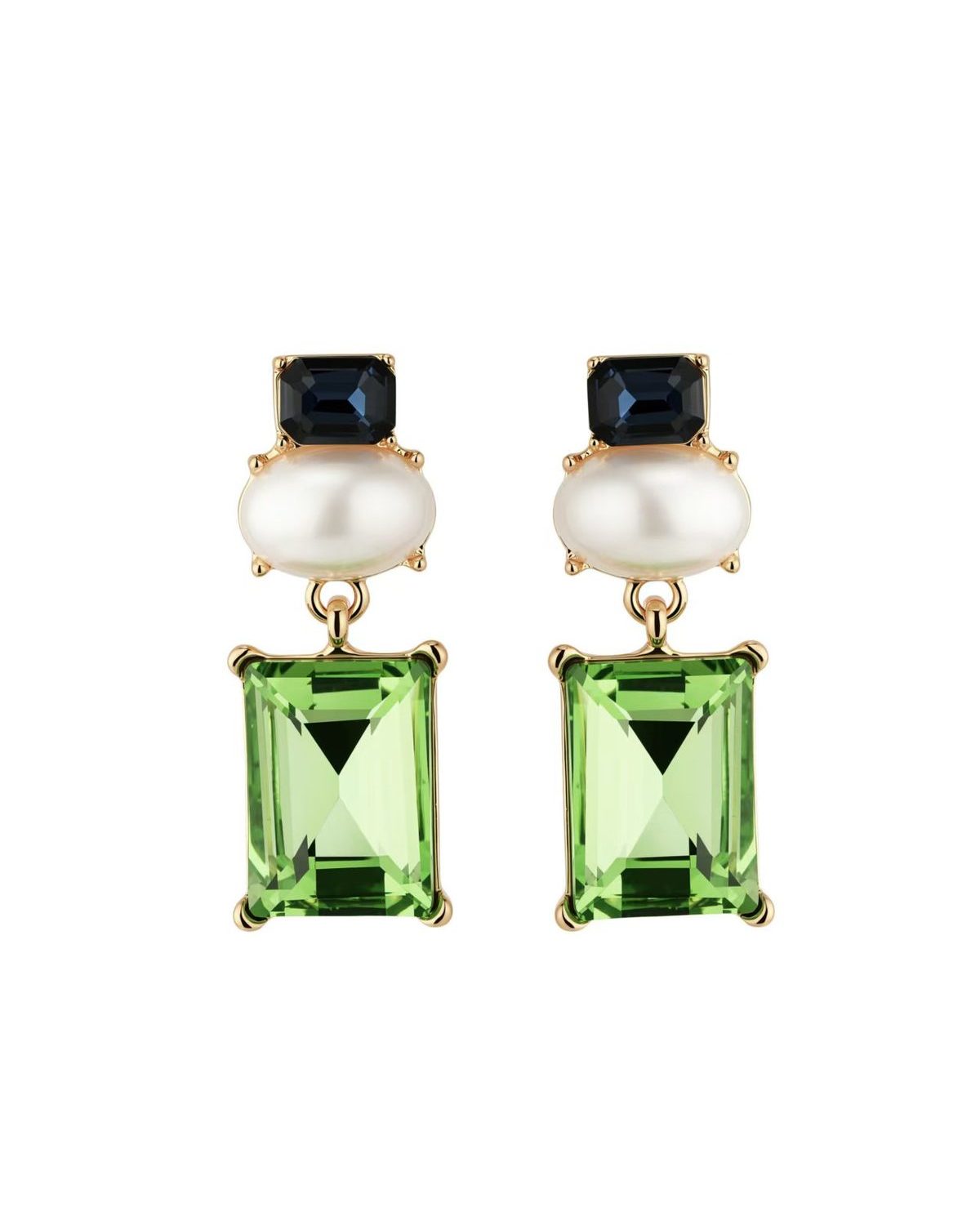 Gold drop earrings with a navy crystal stud, white pearl, and rectangular green crystal drop