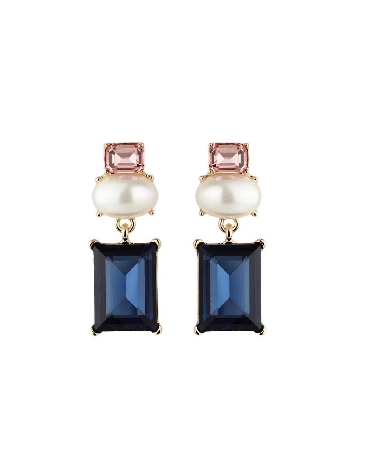 Gold drop earrings with a pink crystal stud, white pearl, and rectangular navy crystal drop