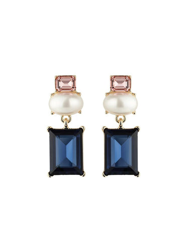 Gold drop earrings with a pink crystal stud, white pearl, and rectangular navy crystal drop