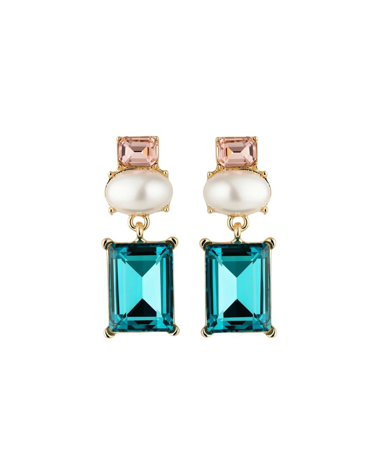 Gold drop earrings with a pink crystal stud, white pearl, and rectangular teal crystal drop