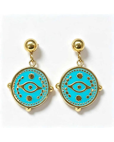 Gold stud earrings with an aqua enamel evil eye charm dangle