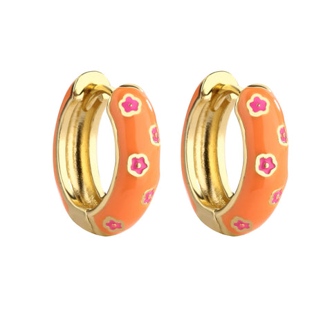 Jane orange enamel hoop earrings with pink flower detail by Greenwood Designs, shown on neutral background