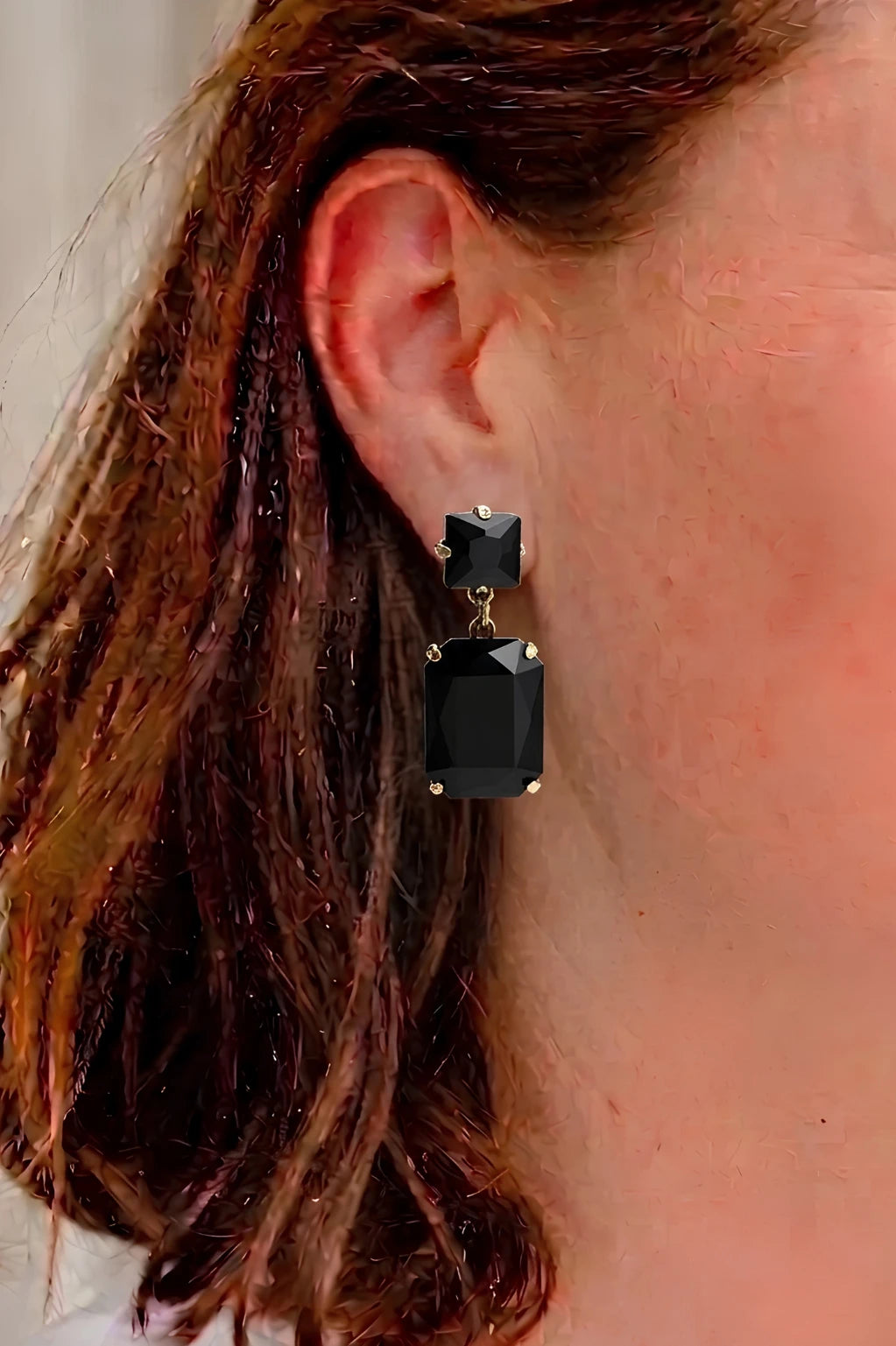 Pippa Black Rectangle Crystal Dangle Earrings featuring bold black gemstones in a gold-plated setting with surgical steel posts, 4.5x1.8cm