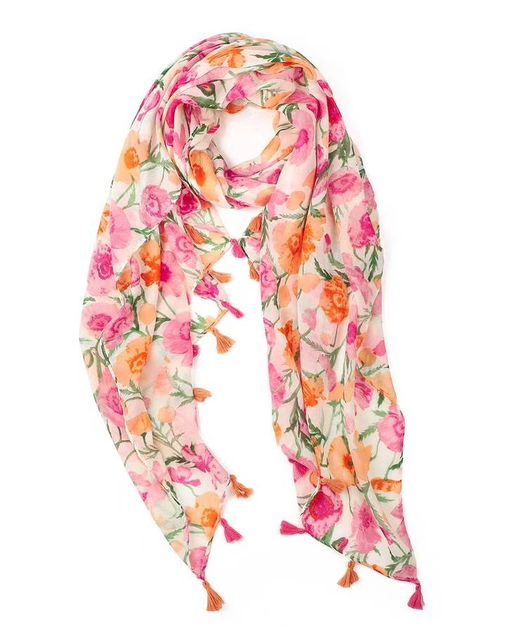 Coral pink and orange watercolour floral lightweight scarf with tassels
