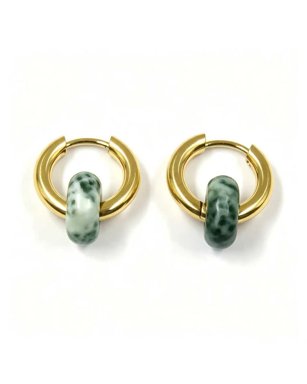 Remi Emerald Marble Stone Circle Hoop Earring - gold hoop earrings with a natural emerald marble stone circle charm