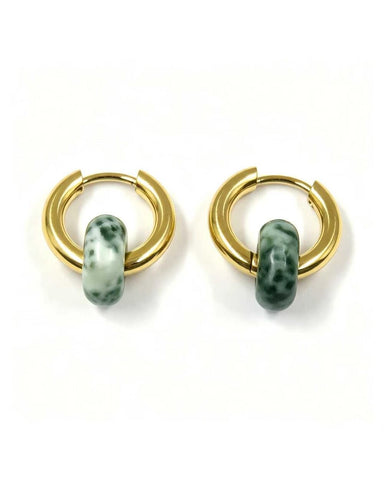 Remi Emerald Marble Stone Circle Hoop Earring - gold hoop earrings with a natural emerald marble stone circle charm