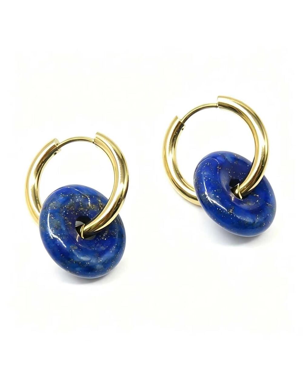Remi Iridescent Blue & Black Stone Circle Hoop Earring - gold hoop earrings with a natural iridescent blue and black stone circle charm