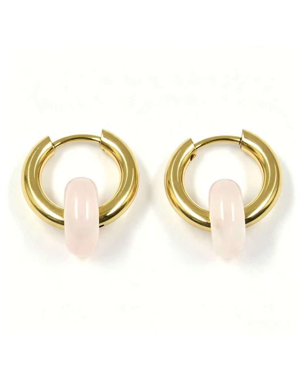 Remi Rose Quartz Stone Circle Hoop Earring - gold hoop earrings with a natural rose quartz stone circle charm