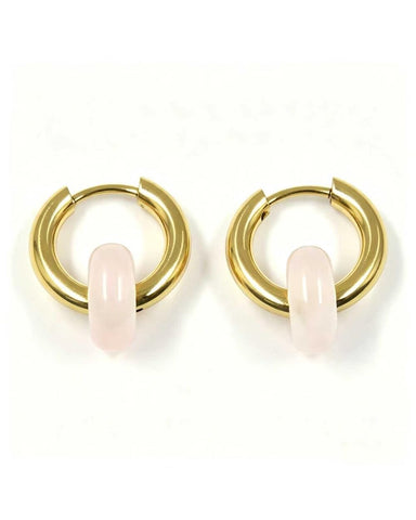 Remi Rose Quartz Stone Circle Hoop Earring - gold hoop earrings with a natural rose quartz stone circle charm