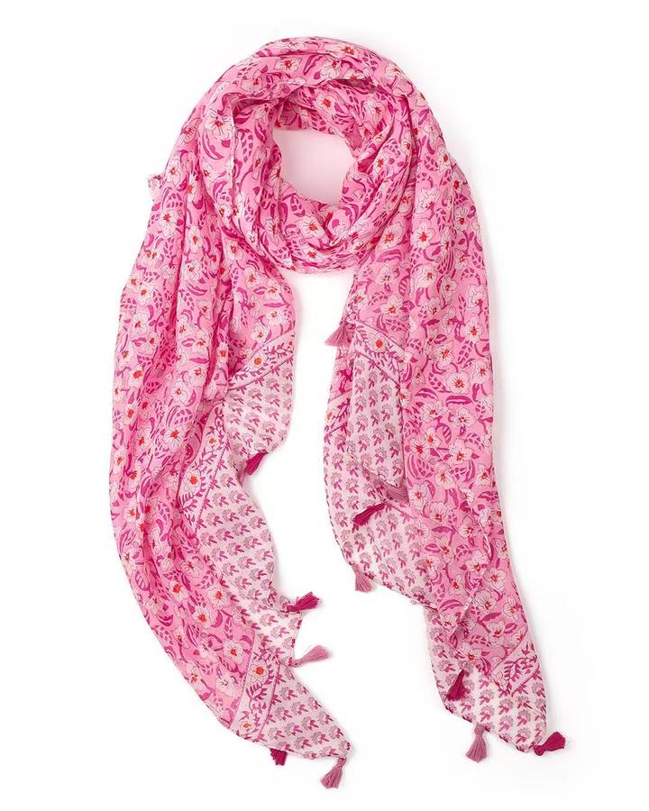 Rosa pink and magenta hand-blocked floral lightweight scarf with tassels