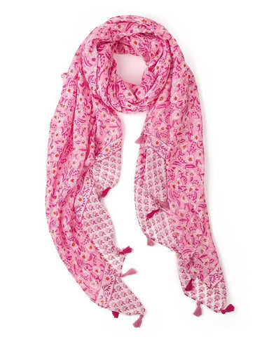 Rosa pink and magenta hand-blocked floral lightweight scarf with tassels