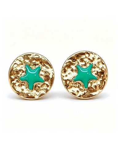 Gold stud earrings with a green enamel star at the centre