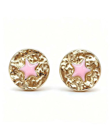 Gold stud earrings with a pink enamel star at the centre