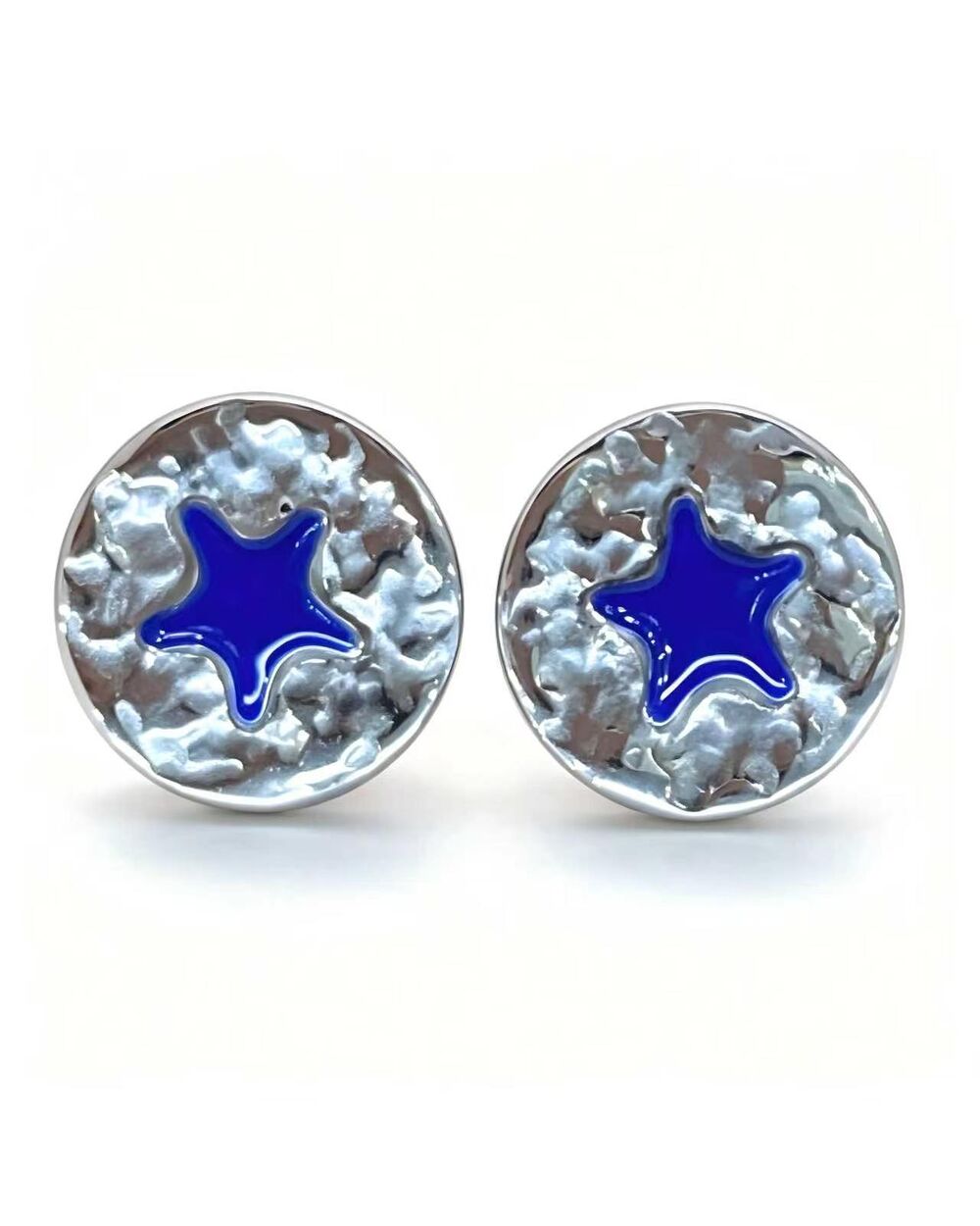 Silver stud earrings with a navy enamel star at the centre