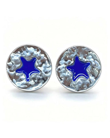 Silver stud earrings with a navy enamel star at the centre