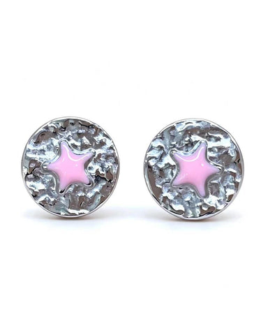 Silver stud earrings with a pink enamel star at the centre